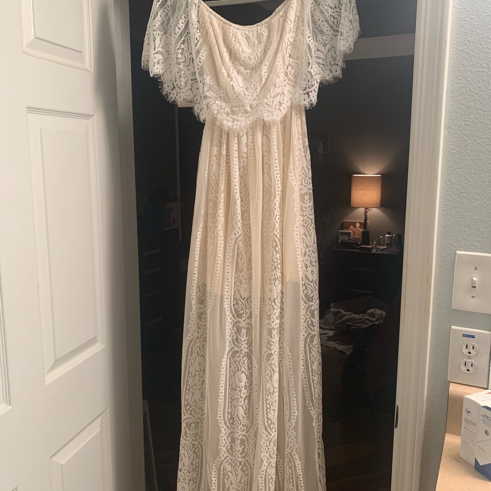 Off white, off-shoulder lace maxi